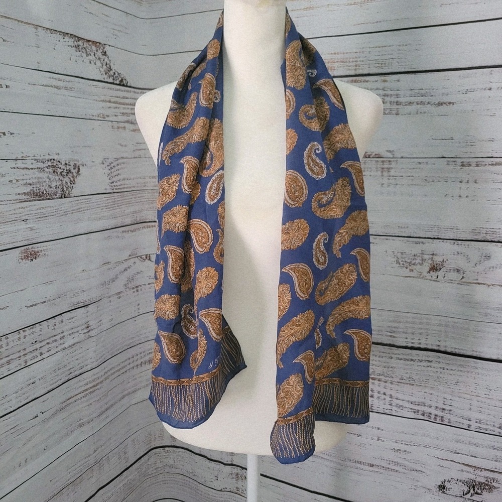 Vintage J G Hook SILK Paisley Scarf‎ Blue Gold Fringe Pattern Rolled Hem 11x25
